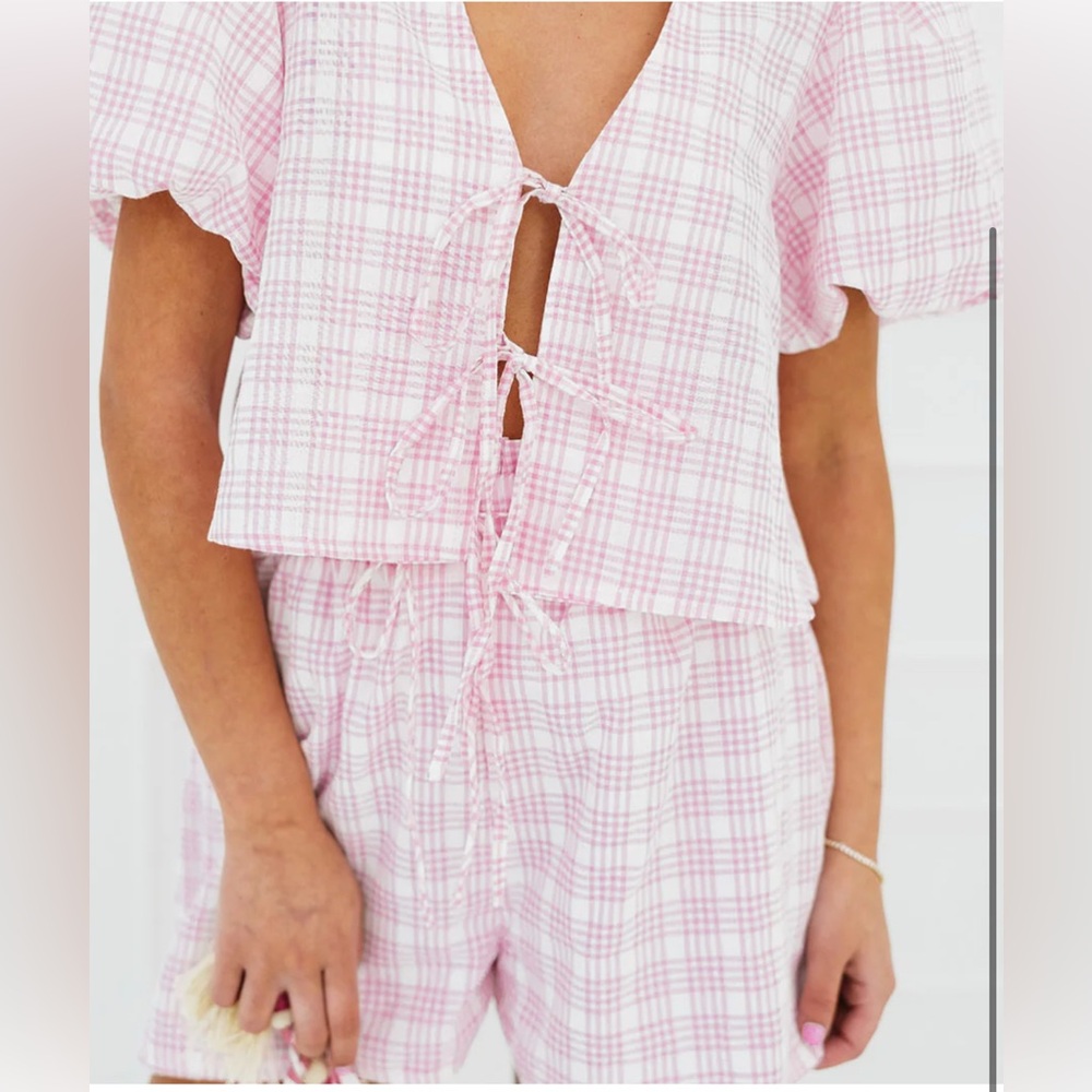Pink Plaid Tie-Front Top and Short Set